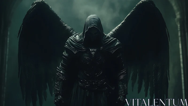 Hooded dark angel in ornate armor dominates gothic interior