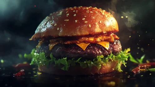 Sizzling midnight burger stacked with smoky cheese drama.