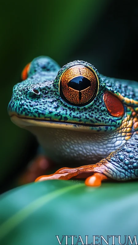 Emerald tree frog close-up with luminous golden eye detail.