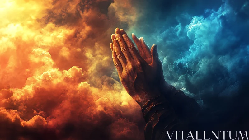 Chromatic prayer hands amid bifurcated atmospheric nebulae.