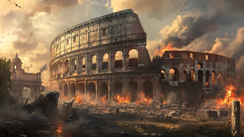 Ruined Roman amphitheater amid widespread urban fires.