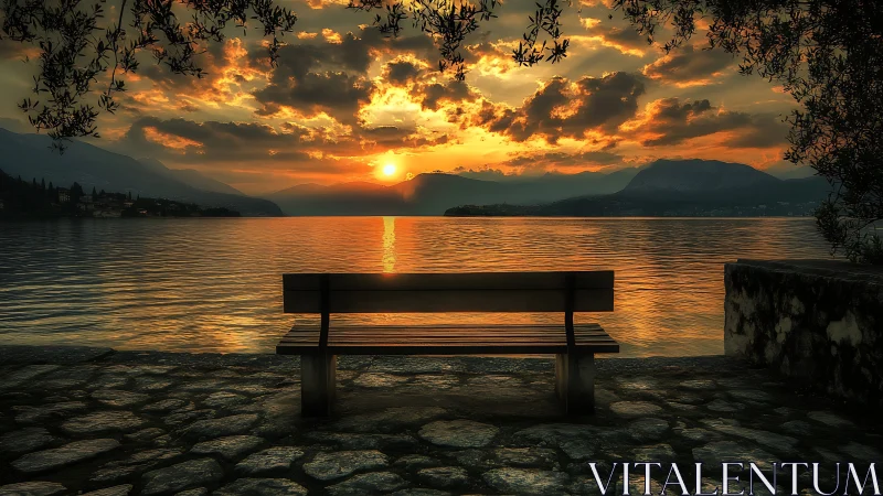 Bench-centered lacustrine sunset under dramatic cloud optics.