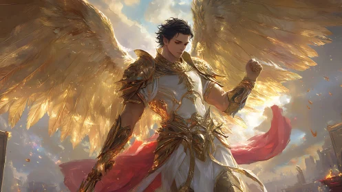Radiant armored seraph with gilded wings over burning city.