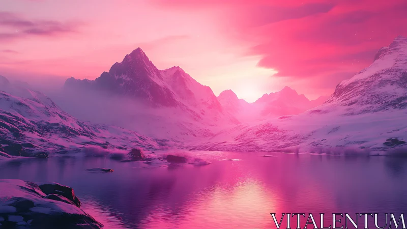 Snow-covered mountain range surrounds reflective pink lake