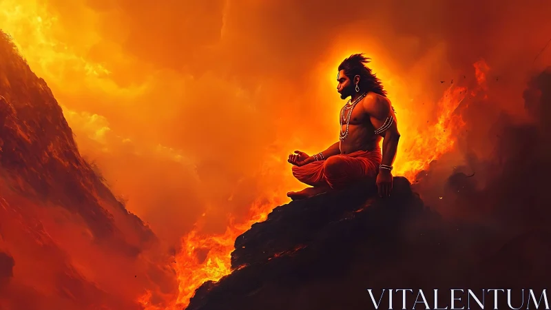Mythic warrior meditates on rocky peak amid intense flames