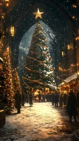 Gothic plaza illuminated by monumental festive conifer at night.