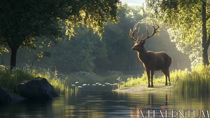 Stag in backlit riverside forest rendered with soft volumetrics.