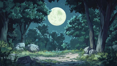 Moonlit Forest Clearing with Ancient Trees and Starry Sky