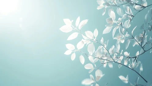 Delicate white leaves on branches in soft pastel light, minimal style.