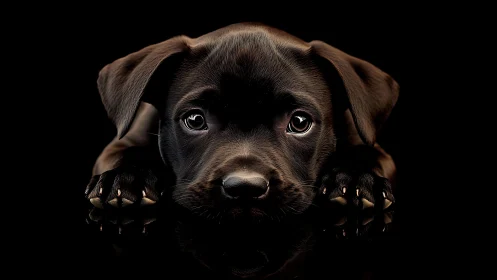 Black puppy portrait with glossy low-key cinematic lighting.