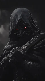 Hooded armored figure holds ornate dagger in low key lighting