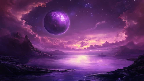 Violet alien moon rises over tranquil crystal sea at dusk.