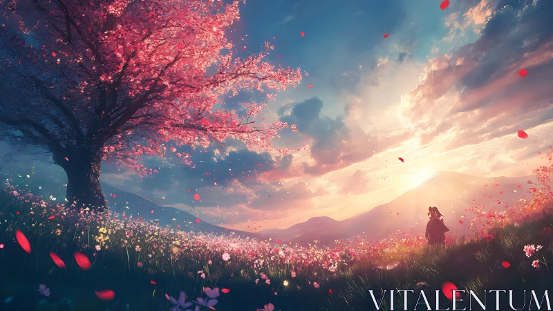 Blossoming cherry tree crowns a glowing fantasy sunset meadow.