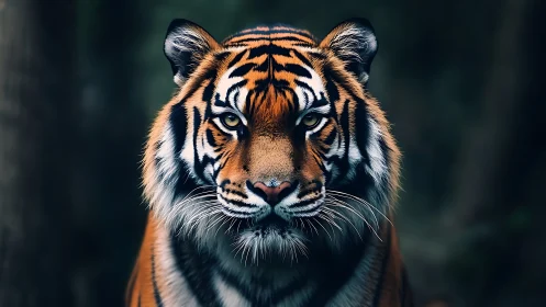 Majestic tiger portrait with cinematic low key forest bokeh.