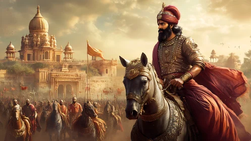 Regal warrior leads a sunlit march toward a golden fortress.