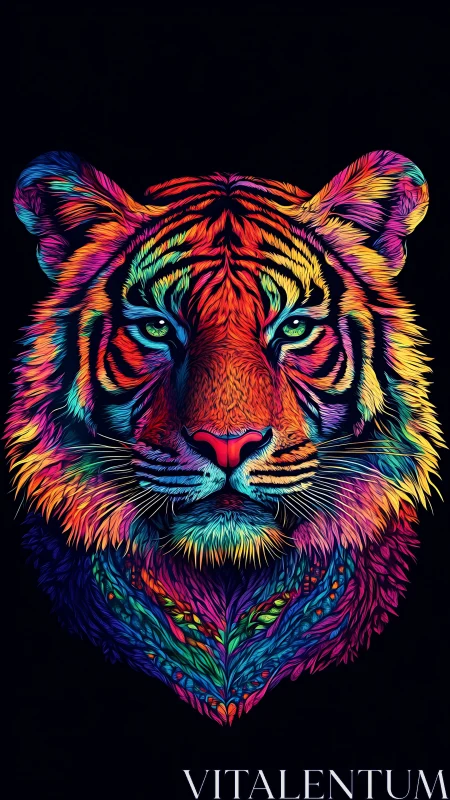 Neon spectral tiger portrait with multicolor symmetrical fur glow