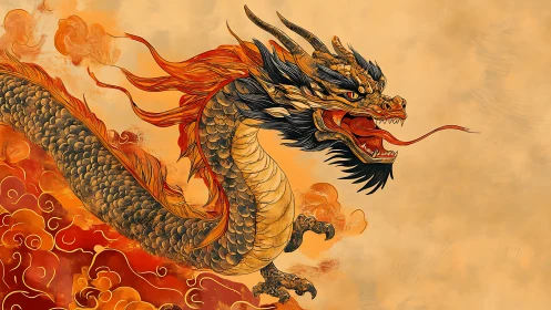 Dragon coils through stylized orange clouds and breathes fire