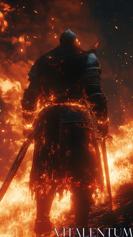 Flaming armored warrior strides through a blazing inferno.