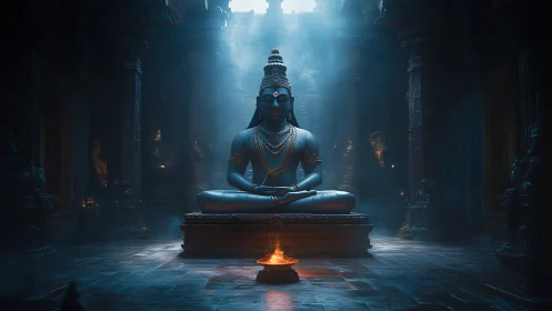 Mystic blue deity statue in dimly lit temple interior.