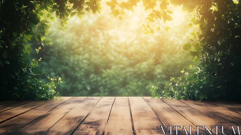 Sunlit garden stage framed by wandering emerald leaves.