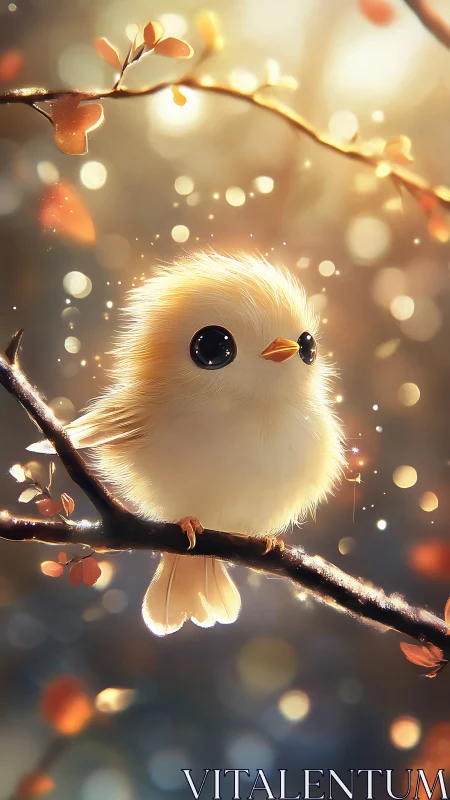 Luminescent Chick on Branch with Autumn Foliage and Bokeh Particles