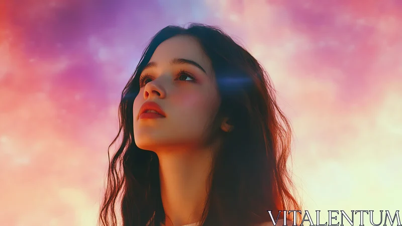 Young woman gazes upward under glowing pastel sunset sky