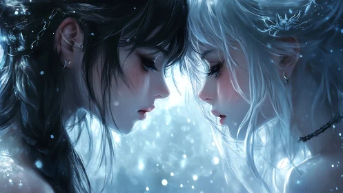 Two stylized female profiles face each other in cold blue light