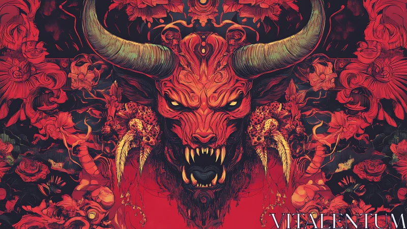 Demonic horned beast roars amid swirling infernal florals