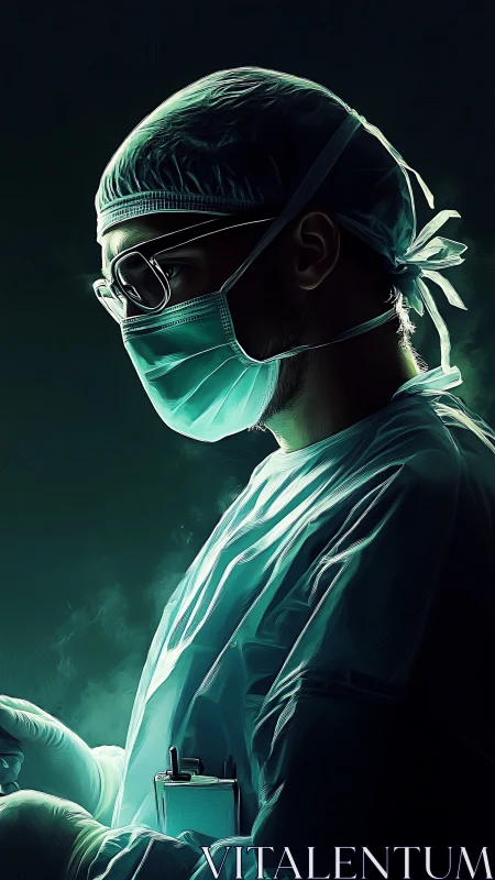 Surgeon in profile rendered with dramatic teal rim lighting