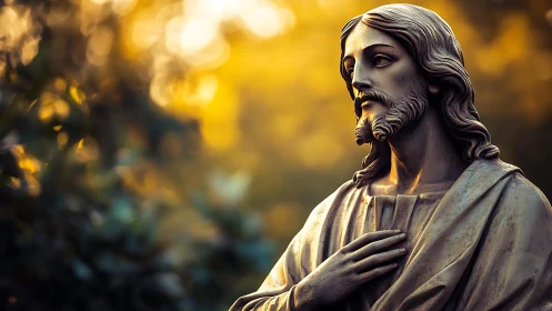 Serene stone figure glowing in gentle golden evening light.