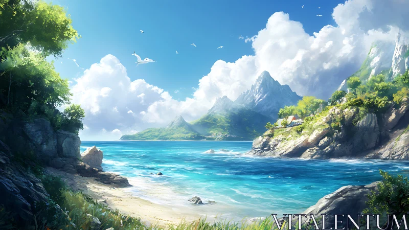 Island Paradise Cove With Mountain Peak.