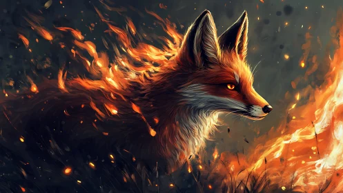 Fox of living embers walks the twilight line of wildfire