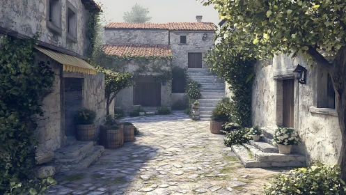 Quiet stone village alley with plants and warm light.