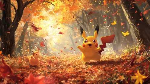Autumn forest illumination with Pikachu under dynamic leaffall.