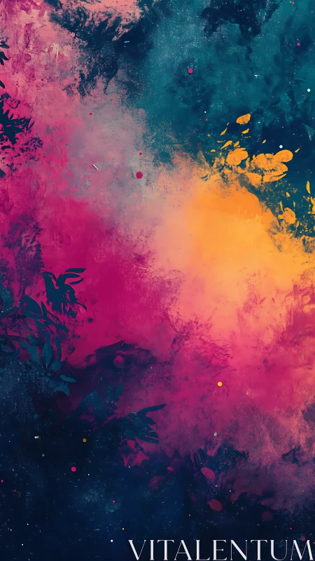 Vertical nebula abstraction with floral silhouettes and glow.