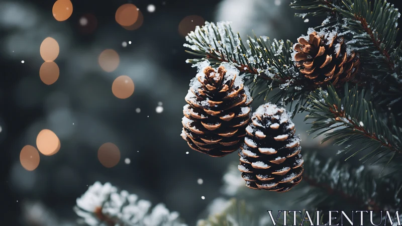 Macro study of snow-dusted pine cones with shallow bokeh field.