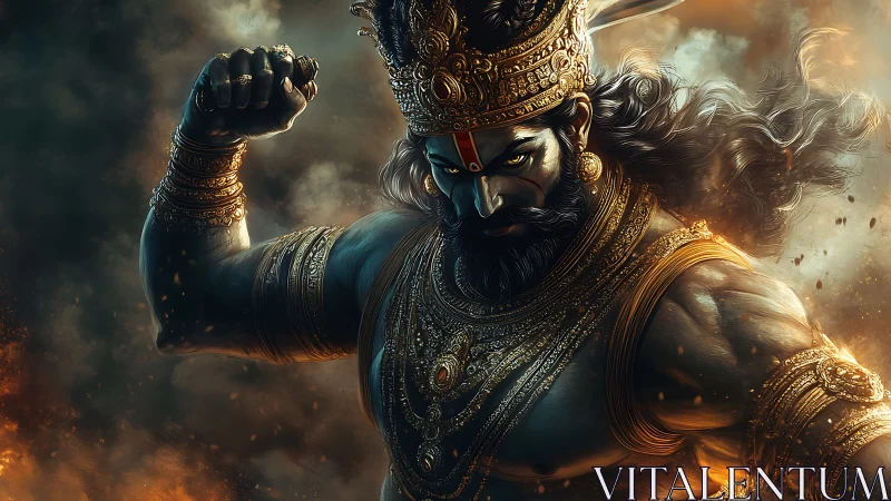 Storm-lit warrior god flexes thunderous resolve in gold armor