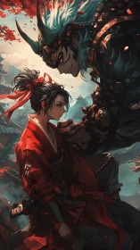 Samurai apprentice confronting armored oni in stormlit shrine.