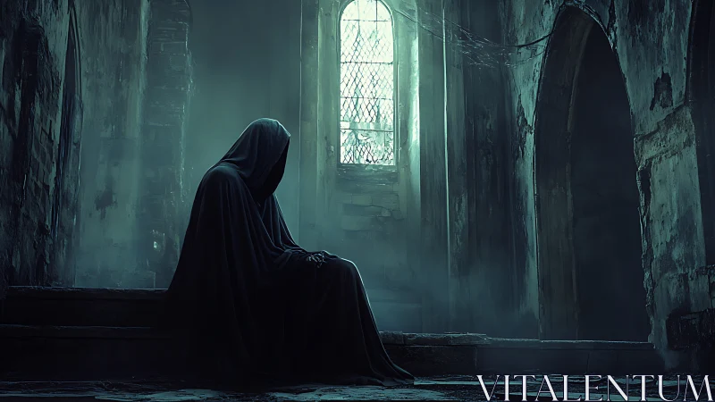 Shrouded watcher in ruined chapel, waiting in spectral hush.