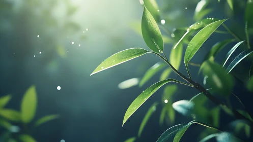 Sunlit green leaves with soft bokeh background detail.