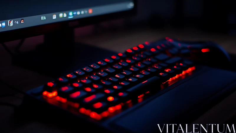 Moody red-lit gaming keyboard in a softly shadowed desk scene.