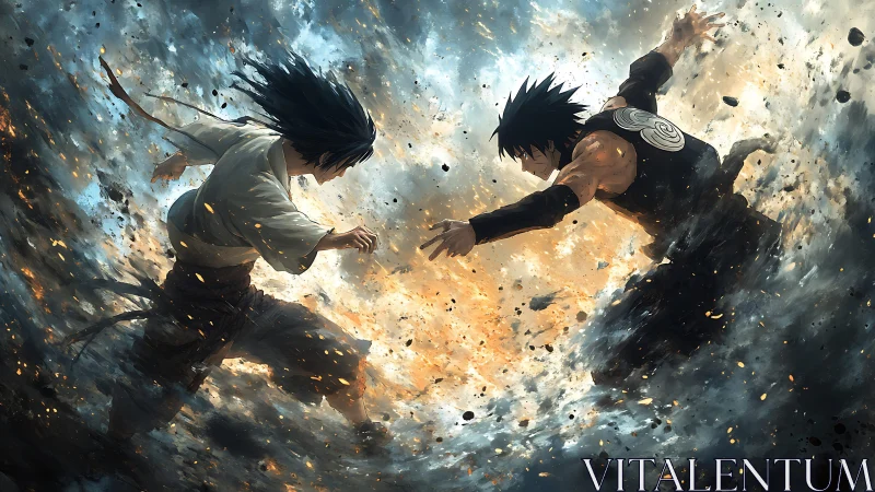 Storm‑forged rivals clashing in a swirling battlefield sky.