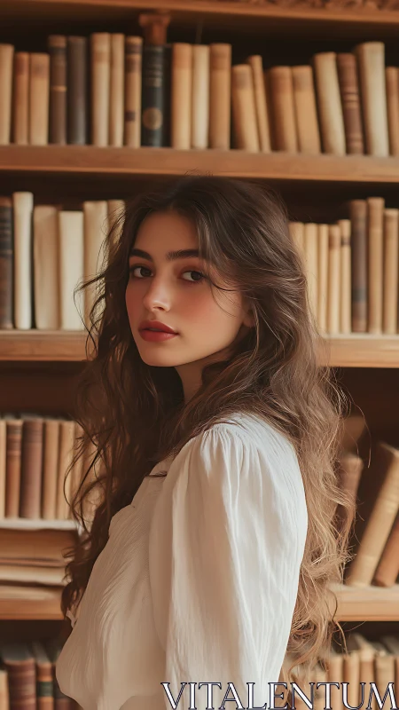 Soft portrait of young woman in warm-toned classic library setting