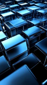 Specular blue glass voxel matrix with reflective procedural tiling.