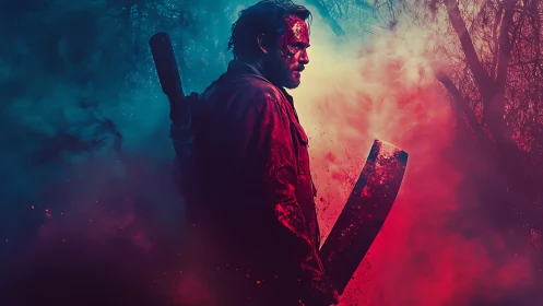 Bloodied survivor holds machete amid neon forest smoke