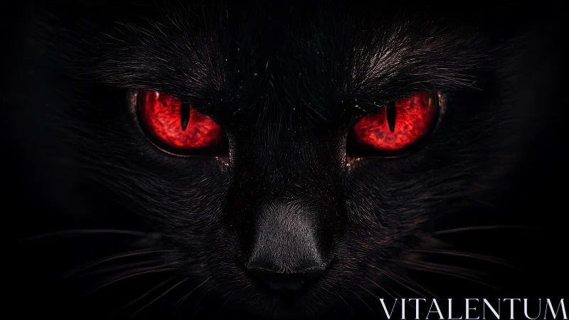 Close frontal view shows black feline face with red eyes