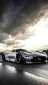 Stormlit silver hypercar prowls a rain-glossed runway.