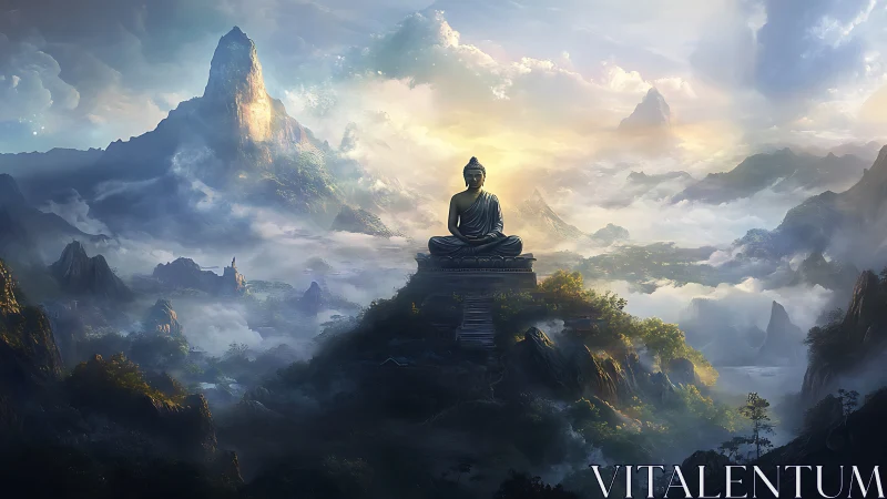 Digital painting of serene Buddha amid misty mountain range.