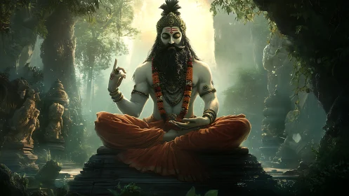 Mystic sage meditates in luminous ancient jungle temple