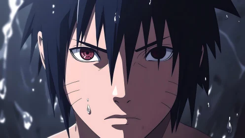 Anime boy with wet face stares forward with intense focus